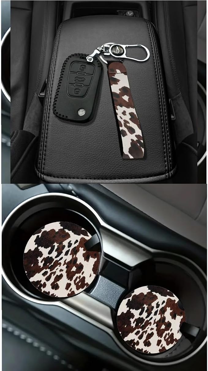 Dreaweet Brown Cow Print Car Seat Covers Full Set for Women Cute Car Accessories Seat Cover with Wheel Cover Seatbelt Covers Car Coasters Trash Bag Vent Storage Bag Rearview Mirror Cover Keychain