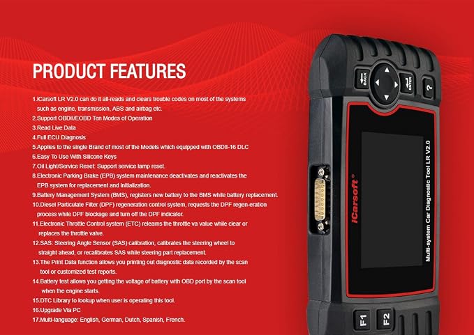 iCarsoft Professional Multi-System Auto Diagnostic Tool LR V2.0 Compatible for Landrover/Jaguar ABS SRS Oil Reset Update for LR II