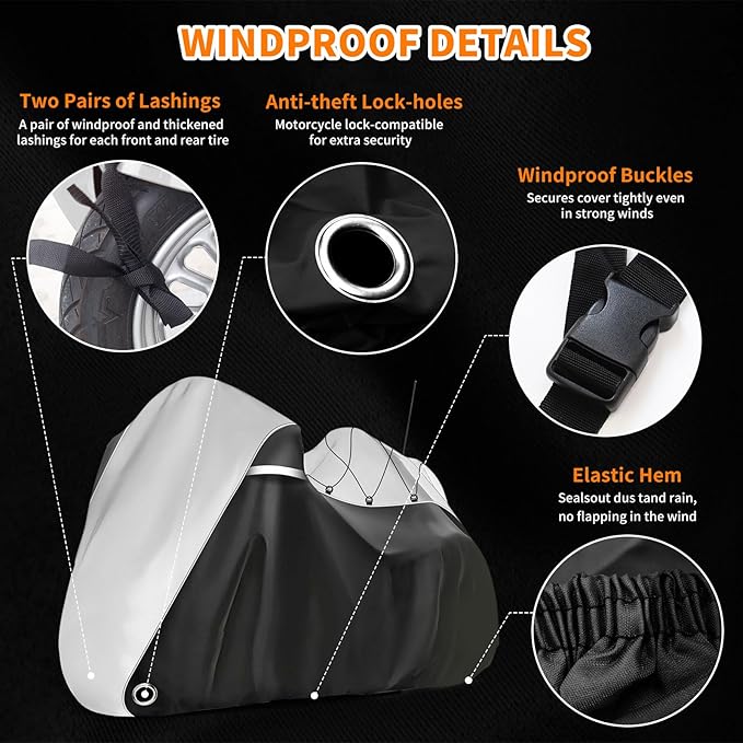 COVERVIN Motorcycle Cover with Side+Top Box Heavy Duty 420D Waterproof for Harley Davidson Ultra Ltd, Road Glide Ltd, Honda Gold Wing, Road Master, Indian, Indoor & Outdoor Storage (Black&Silver)