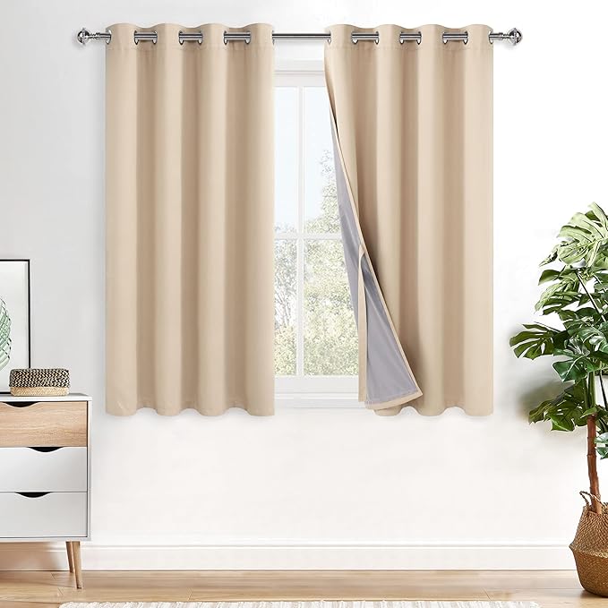 XWZO 100% Blackout Curtain Panels - Double Layer Full Room Darkening & Energy Efficiency Grommet Window Panels with Tiebacks for Bedroom/Living Room, Biscotti Beige, W52 x L45, Set of 2