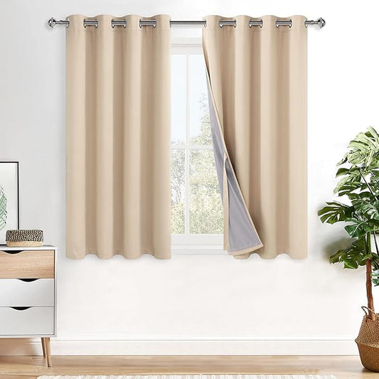 XWZO 100% Blackout Curtain Panels - Double Layer Full Room Darkening & Energy Efficiency Grommet Window Panels with Tiebacks for Bedroom/Living Room, Biscotti Beige, W52 x L45, Set of 2