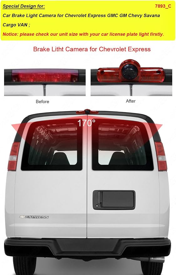 HD 170° Auto Car Trailer Transporter Caravan Van Brake Light Roof Rear View Reversing Backup Parking Aids Camera with Angle Adjustable Compatible with Chevrolet Express GMC GM Chevy Savana Cargo Van