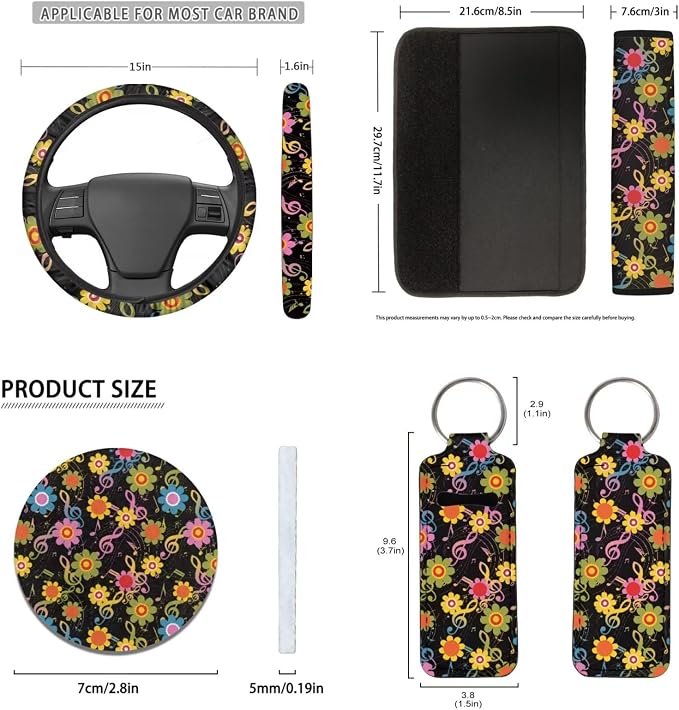 Music Note Car Accessories Rainbow Musical Auto Seat Covers for Front Back,Rainbow Boho Hippie Floral Car Steering Wheel Covers Keychains Safety Seatbelt Coasters Protection Set for Women