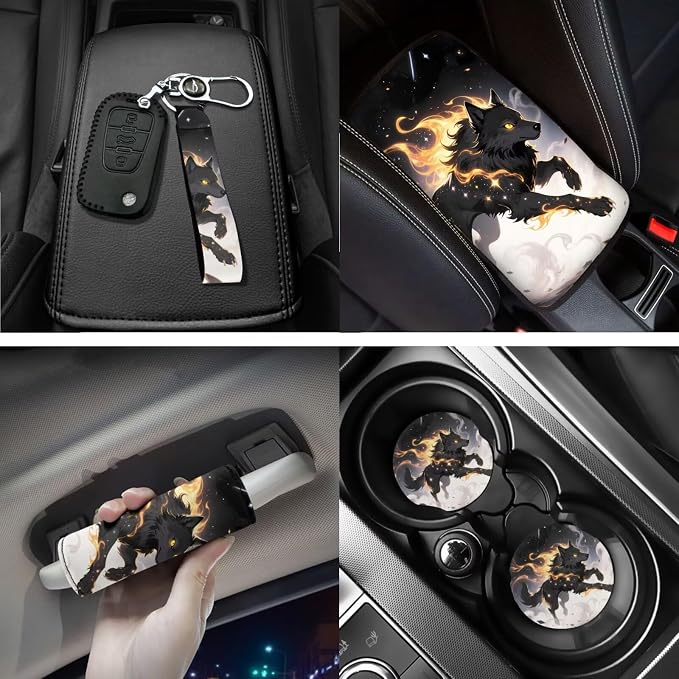 18 Pcs Cool Wolf Car Interior Accessories Set, Car Seat Covers Full Set with Auto Floor Mats Steering Wheel Cover Armrest Pad Seat Belt Pads Handle Wraps Keychain Cup Coaster