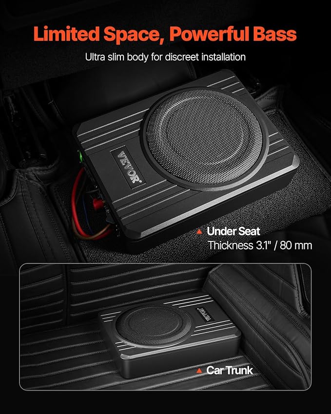 VEVOR 8" 400W Underseat Car Subwoofer, Slim Powered Car Subwoofers Under The Seat, Low Profile Audio Sub Built-in Amplifier, High/Low Level Input & Volume Controller for SUVs, Car, Truck, RV