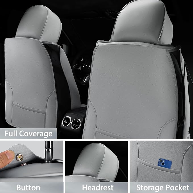 CAR PASS Nappa Leather Seat Covers, Breathable Waterproof Car Seat Covers Full Set, Luxury Leather Front and Back Seats Full Coverage, Universal Fit SUV Pick-up Truck Sedan Automotive(Gray)