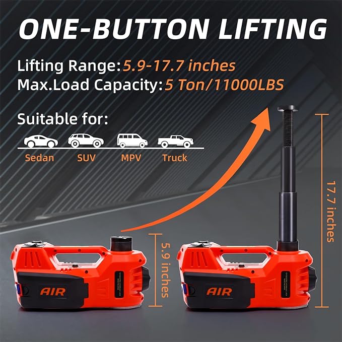 STANDTALL Electric Car Jack Kit 5 Ton 12V Hydraulic Jack Floor Jack with Impact Wrench and Tire Inflator Pump Lift with LED Light for SUV Sedan Truck Road Emergency Tire Change