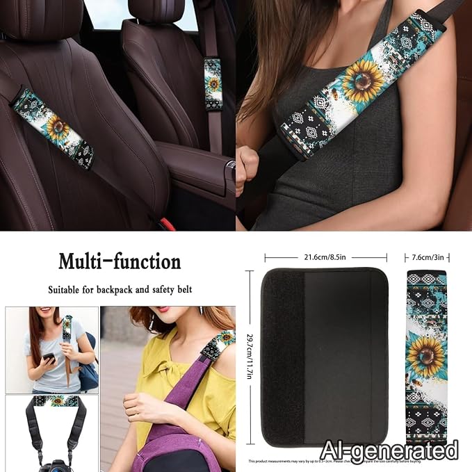 Retro Sunflower 12 Pieces Car Seat Covers Sets Steering Wheel Cover Steering Wheel Cover Car Console Covers Cars Seat Belt Cover Personalized for Most Cars, SUVs