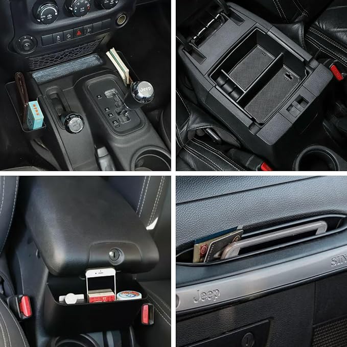 4PCS Center Console Organizer for Jeep Wrangler 2011-2018 JK JKU 2/4 Door, Gear Shift Console Side Tray Organizer, Passenger Side Co-Pilot Organizer, Hanging Armrest Storage Box