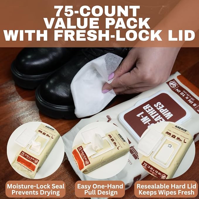 3in1 Leather Wipes 150 XL Count, Clean, Condition & Restore Shine, Extra-Large 8"x10" Wipes for Car Seats, Shoes, Furniture & Bags, Thick, Durable, Non-Linting, Safe for All Leather Types