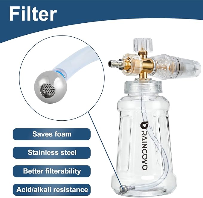 Raincovo Pressure Washer Foam Cannon, Stainless Steel Filter, Adjustable Nozzle with M22 and 1/4 Inch Quick Connect, with 7 Nozzle Tips 3.0GPM, 1/4 Inch Quick Connector