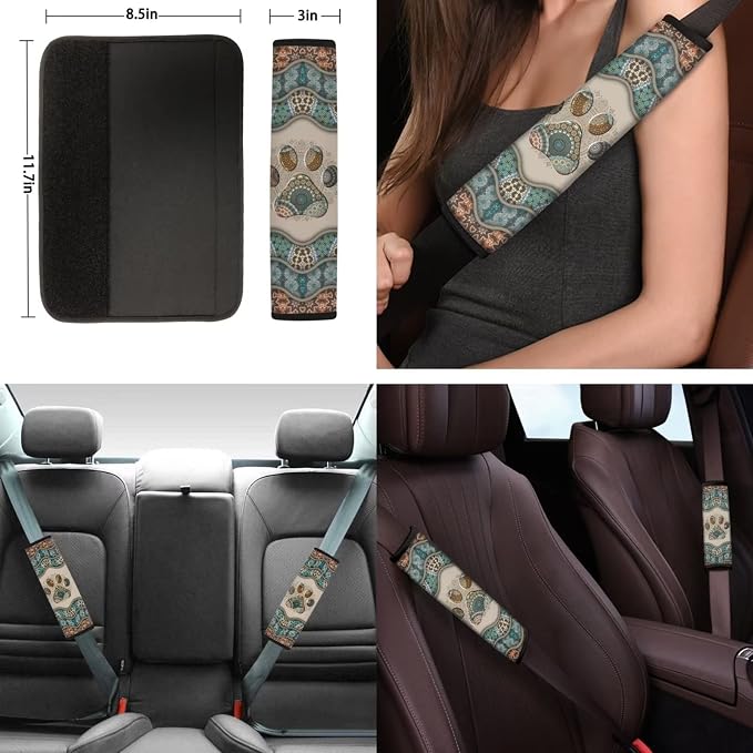 Suobstales Boho Car Accessories for Women Men Dog Paw Print Seat Covers for Car, Trucks, SUV Full Set Interior Cover Seat Protectors with Steering Wheel Cover,Seat Belt Pads,Coaster,Keychains