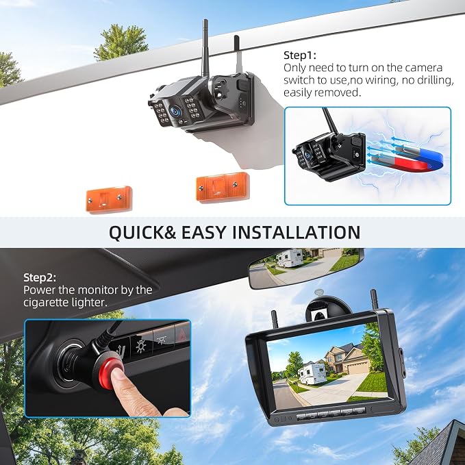 eRapta Dual Magnetic Wireless Backup Cameras - HD1080P 7” DVR Monitor, Stable Signal for RV/Trailer/Truck/Tractor/Camper/Hitch/Travel, 1-Min Install-Free, Clear Night Vision Back Up Camera (ACT702)