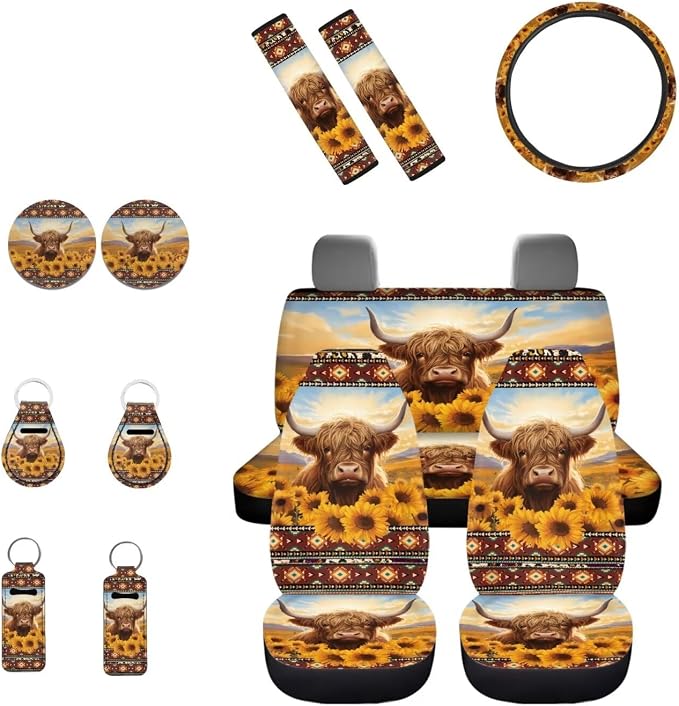 INSTANTARTS Highland Cattle Sunflower 13 Pcs Car Seat Cover Set Southwest Africa Aztec Seat Belt Cover Steering Wheel Cover Key Fob Coaster Lipstick Cover Auto Protectors