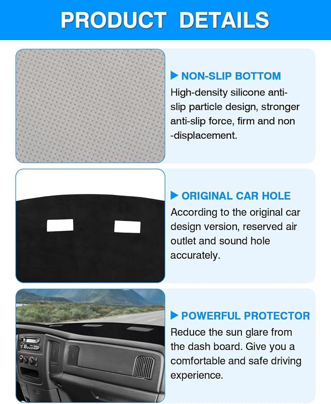 Autorder Dashboard Cover Mat for 2002-2005 Dodge Ram 1500 & 2003-2005 2500/3500 Accessories Dash Cover Flannel Dash Mat Sunshade Glare UV Rays Protector