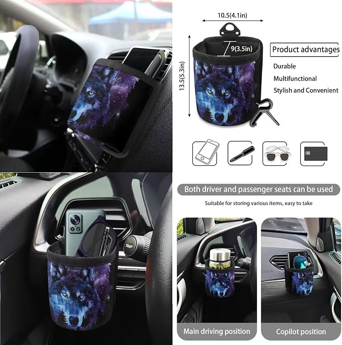 Wolf Galaxy Forest Print Car Seat Covers 15Pcs Full Set Car Steering Wheel Cover Seat Belt Cover Trash Bin Air Vent Storage Box Rear View Mirror Car Cup Holder Keychain