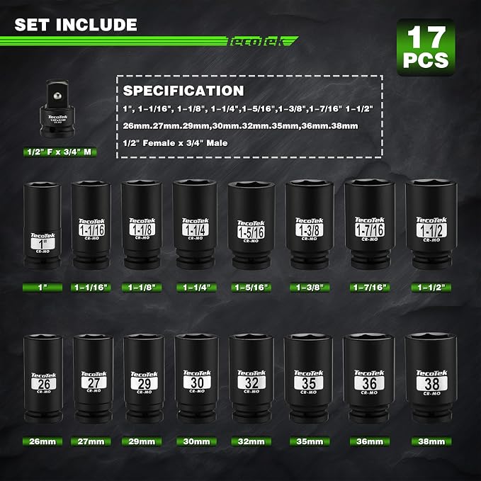 TecoTek 3/4" Drive Deep 6-Point Impact Socket Set, 17-Piece Jumbo Assortment, Cr-Mo, SAE (1-Inch to 1-1/2-Inch) and Metric (26mm to 38mm), 1/2" F to 3/4" M Impact Socket Adapter