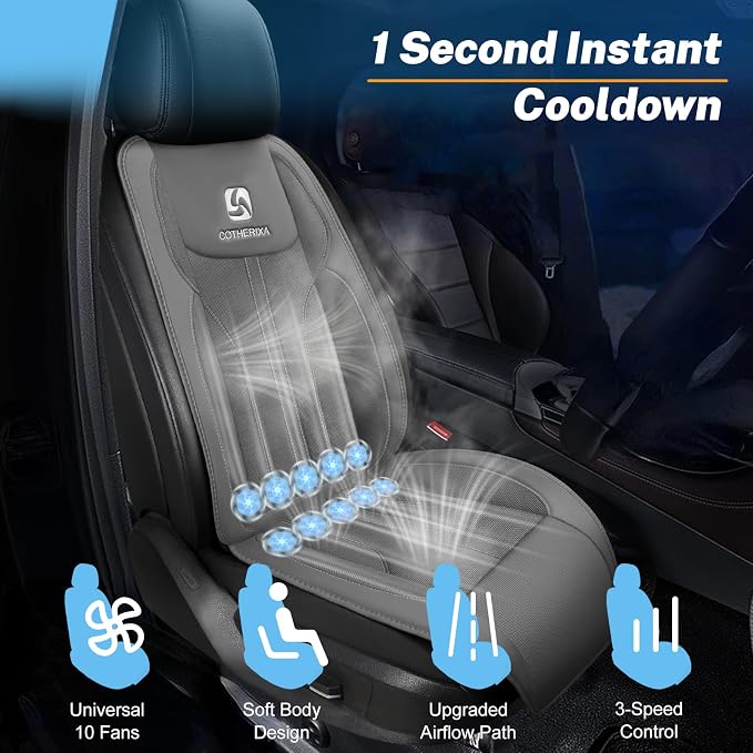 Cooling Car Seat Cover with 10 Powerful Turbo Fans，12V-24V Ventilated Cooling Car Seat Cushion，3-Speed Adjustable Breathable Cooling Seat Cover for Car SUV Truck Universal Fit (Grey)