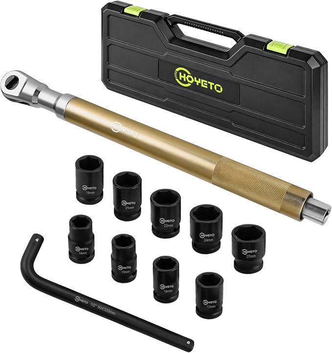 11 Piece 1/2" Offset Extension Wrench,Offset Extension Wrench Impact for Electric Drill with 9 Impact Socket, 1/2" drive handle, Multifunctional Electric Ratchet Wrench, Slim for Tight Spaces