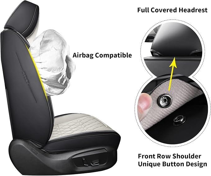 Aierxuan 5 Pcs Full Coverage Leather Car Seat Covers, Universal Fit Ford Kia Hyundai Nissan Honda Subaru Forester Legacy Outback Impreza Tribeca WRX Cruze Equinox Malibu, Black-Beige