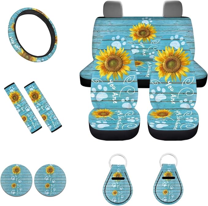 POLERO 11pcs Car Seat Covers Sunflower on Board Print Steering Wheel Cover Set 11pcs You are My Sunshine Seatbelt Pads with Dog Paws Car Coasters
