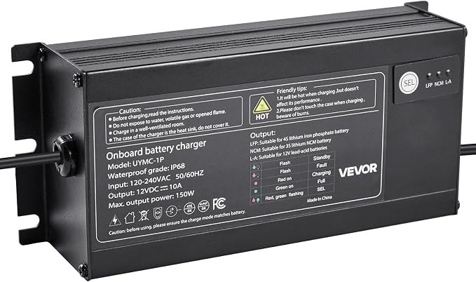 VEVOR Marine Battery Charger, 1-Bank, 10A 12V Onboard Boat Charger, IP68 Waterproof Smart On-Board Battery Charger, for Lithium-Ion (LiFePO4), NCM, Lead-Acid Batteries, Large Boat, Yacht, RV, Trailer