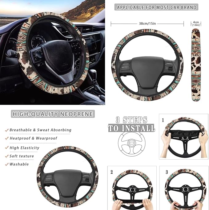 Wanyint Aztec Cow Print Retro Car Accessories Set 12 PCS, Front and Back Car Seat Covers Steering Wheel Cover Seat Belt Pad Armrest Cover Coasters Handbrake Gear Shift Cover Fit for Most Vehicles