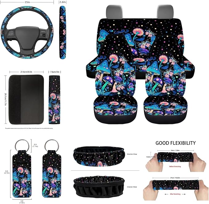 Hippie Mushroom Auto Seat Cover Set of 14,Mushroom Seat Covers for Front Rear Back Seats Protection+Butterfly Mushrooms Steering Wheel Cover+Seatbelt +Keychain+Interior Mirror Cover