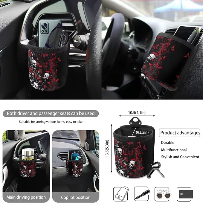 Skull Rose Pattern 10 Pcs Car Seat Covers Full Set Breathable Auto Seat Protector + Steering Wheel Cover + Air Vent Storage Bag + Trash Can + Coaster + Keychain