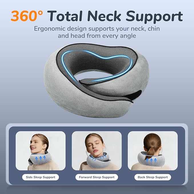 SYNNA Travel Neck Pillow for Airplane & Car, 360° Head and Chin Support, Ergonomic Memory Foam with Silky-Smooth Breathable Washable Cover for Flights, Road Trips & Office Naps