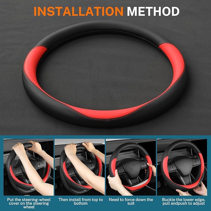 Leather Steering Wheel Cover Custom-Fit for Tesla Model 3/Y 2016-2026, Comfort Grip Design Breathable and Non-Slip, Model 3/Y Car Steering Wheel Protector, Tesla Accessories,Black(D-Style, for Tesla)