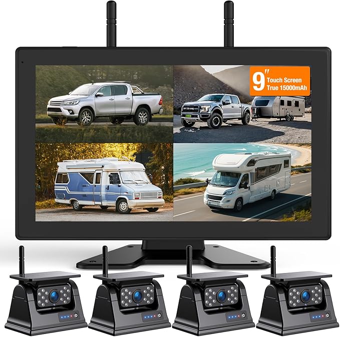4 Magnetic Solar Wireless Backup Cameras 1080P 9"Touchscreen with DVR,328FT | 15,000mAh Rechargeable Battery,1-Min Install No Wiring,Clear Night Vision,Long Life,Loop Recording,for Truck Trailer SUV RV