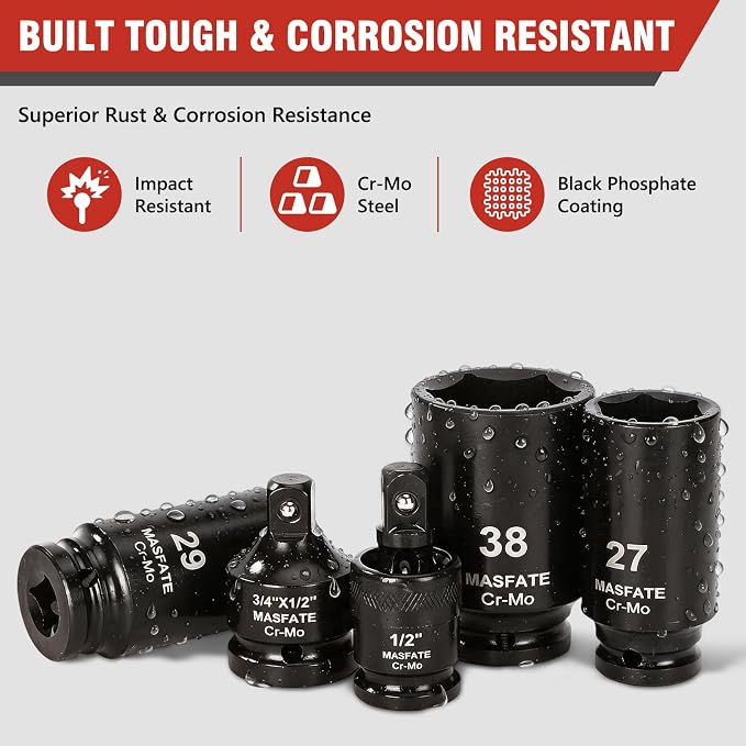 1/2" Metric Impact Socket Set 12PCS, CR-MO, 6-Point,27-38mm | 78mm Deep Socket set, Includes 3/4" to 1/2" Adapter & U-Joint. Ideal heavy-duty kit for car and truck lug nut repair