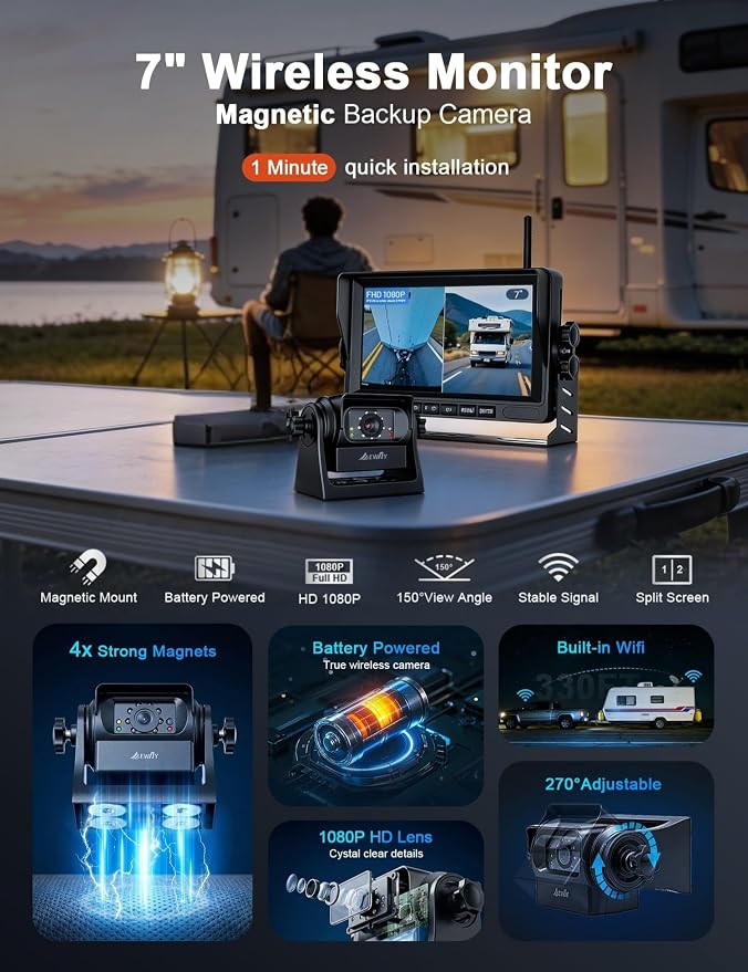 EWAY Wireless WiFi Magnetic Backup Camera 7" IPS Monitor HD 1080P Rechargeable Battery No Wiring - Rear View Reverse Monitoring Hitch Camera for Car Truck Pickup RV Camper 5th Wheel Horse Boat Trailer