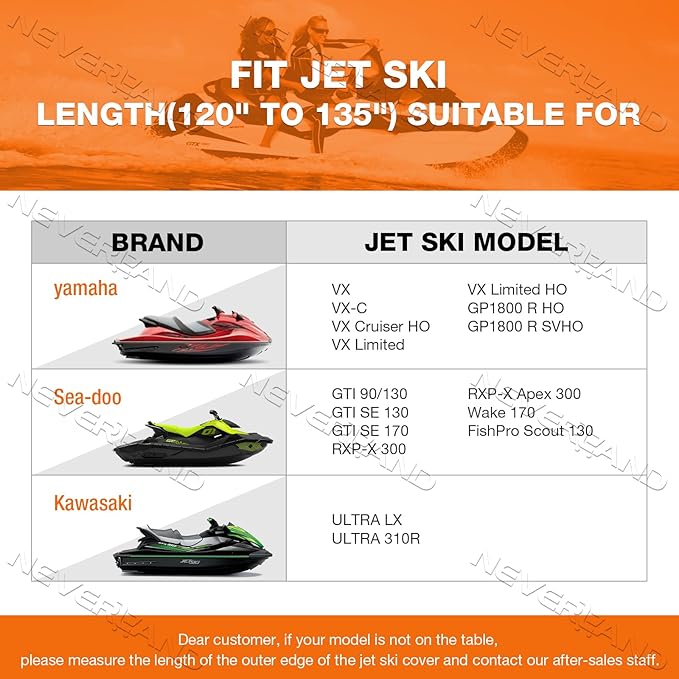 NEVERLAND Jet Ski Cover Suitable for 2 3 Seater Jetski Covers Heavy Duty Waterproof with 2 Air Vent Marine Grade UV Resistant Compatible with Yamaha Sea-Doo Lengths 120" to 135"
