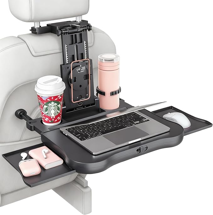 Car Back Seat Tray with Extendable Table, Car Travel Desk for Laptop with Phone Holder, Foldable Trays for Eating & Working, Car Travel Tray Table for Rear Passenger