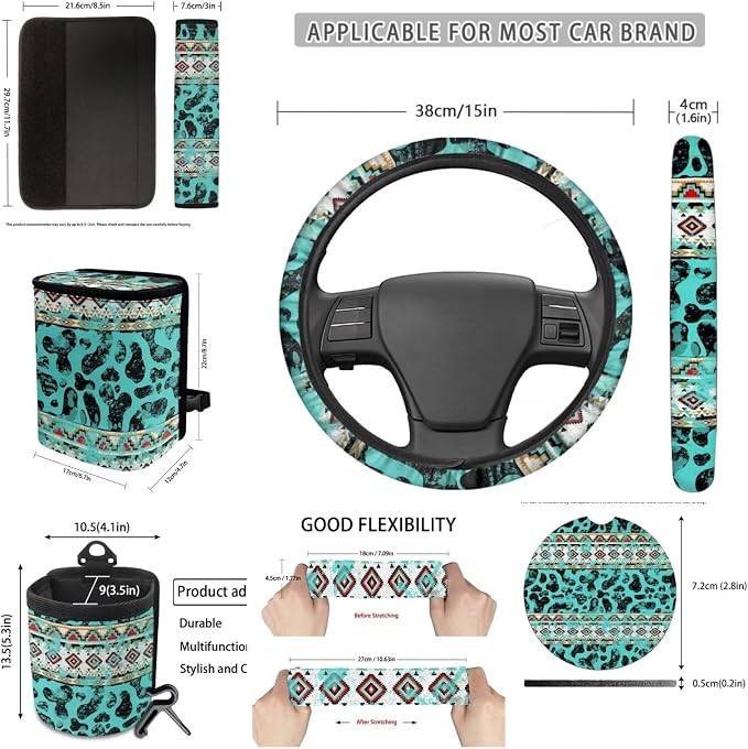 XYZCANDO Tribal Stripes Car Accessories Sets 15 PCS Car Seat Cover Set Steering Wheel Cover Garbage Bag Storage Box Rear View Mirror Cover Seat Belt Pads Cover Coasters Keychain Fit Most Cars
