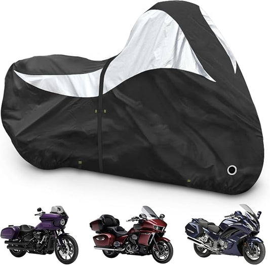 600D Motorcycle Cover, Heavy Duty Waterproof Motorcycle Covers Outdoor Storage with Lock-Holes Compatible with Harley Davidson, Honda, Suzuki, Yamaha (Side Box)