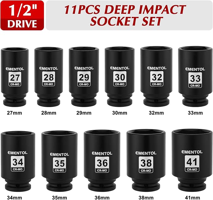 EMENTOL 11PCS 1/2-Inch Drive Spindle Axle Nut Impact Socket Set, CR-MO, 6 Point, Metric, 1/2" Dr. Deep Impact Socket Set, 27mm - 41mm