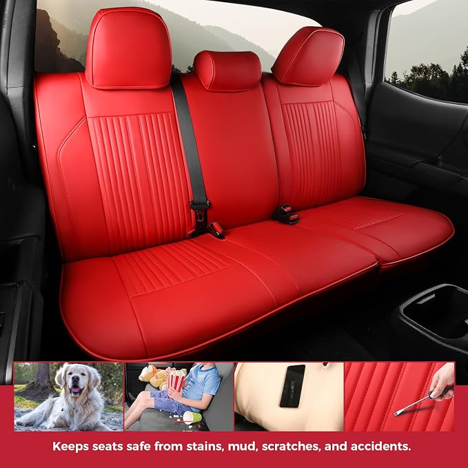 FREESOO Leather Car Seat Covers Fit for Toyota Tacoma 2016-2023 Full Coverage Seat Cover for Double/Crew Cab SR/SR5/Limited/TRD Pro/TRD Sport, Pickup Truck Seat Covers (5 Seats, Red)