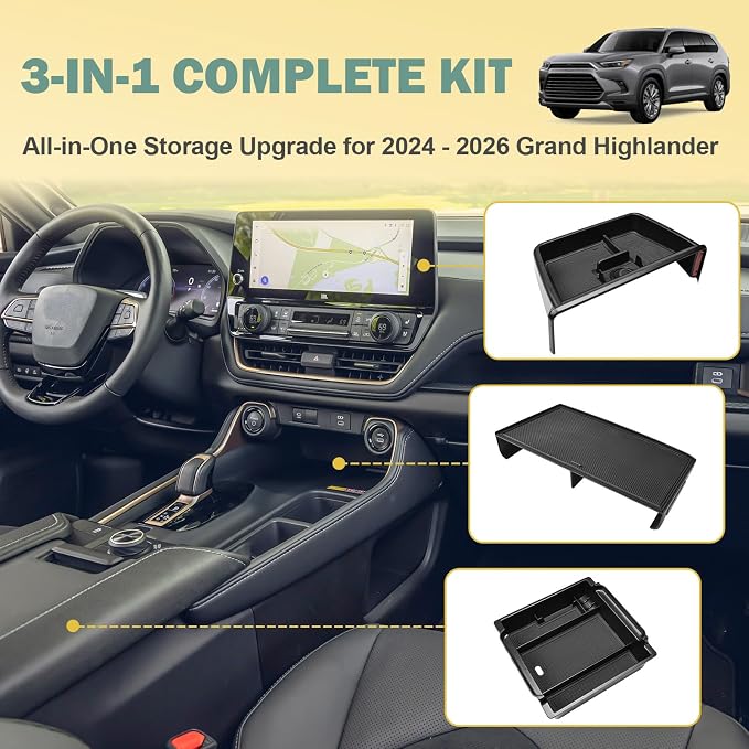 3PCS Center Console Organizer Set Compatible with 2024 2025 2026 Toyota Grand Highlander Accessories — Dashboard Organizer + Front Console Insert Divider + Armrest Storage Box, ABS Storage Tray