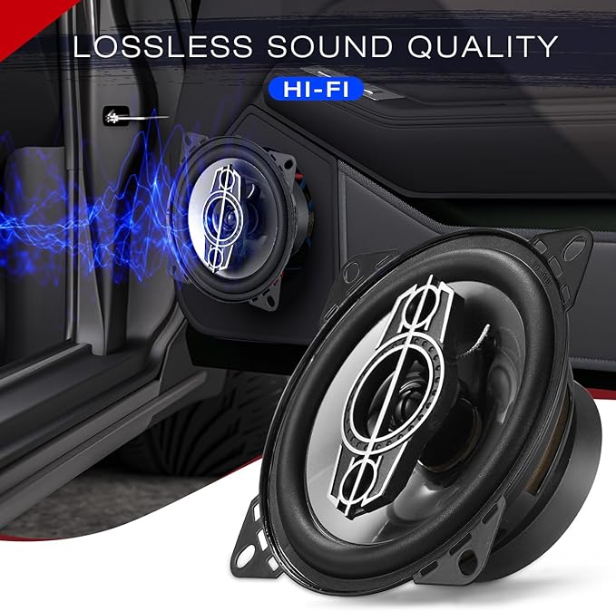 4" 4-Way Coaxial Car Audio Speakers, 220W Max, 4 Ohm, W/PEI Dome Tweeters, Compact for Front or Rear Doors (Pair)