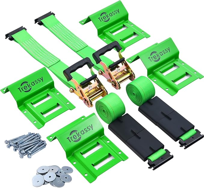 Trekassy Wheel Chock Tie-Down Kit with Rubber Blocks, (4,500lb Break Strength) Heavy Duty E Track Trailer Tire Straps for ATV, UTV, Lawn Mower- 2 Pack