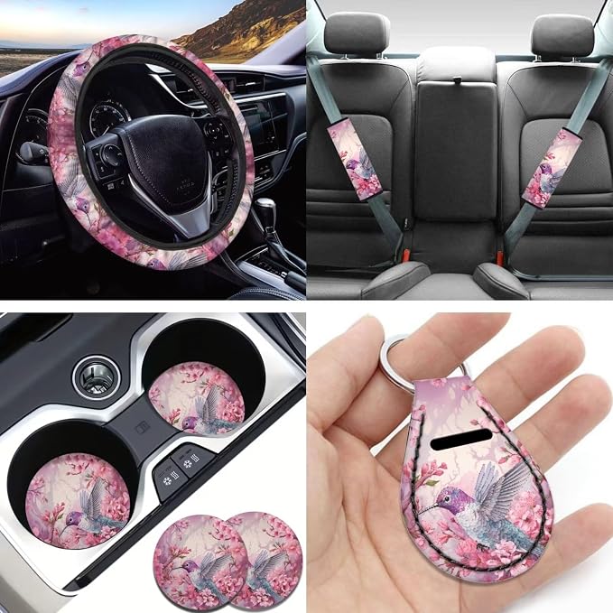 Hummingbird Car Seat Cover Accessory,11Pack Auto Seat Covers for Front Back,Universal Fit Most Vehicle Truck SUV,Auto Steering Wheel Cover Seatbelt Pads Keychain Cup Holder Coasters