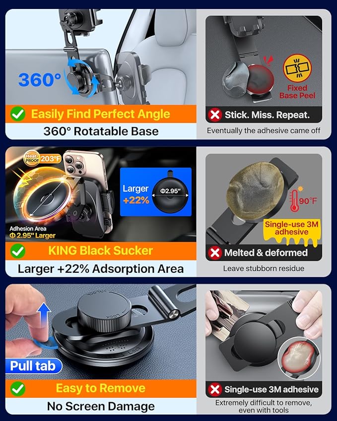 YRU [Military-Grade for Tesla Phone Mount & 360° Rotatable Suction] 2026 Upgraded Car Phone Holder Mount 【90+LBS Safest Strongest & Patent Certs】 for All Phones for Tesla Model 3 Y Cybertruck (Gray)