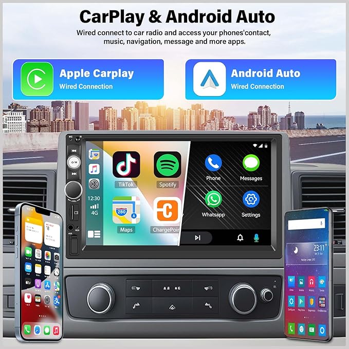 Double Din A-pple CarPlay Car Stereo with Carplay Android Auto,Bluetooth,7" HD Touchscreen 2 Din Car Radio Car Multimedia MP5 Player AUX/USB/TF Card Input Mirror Link,FM,SWC+12 LEDs-Backup Cam Mic USB