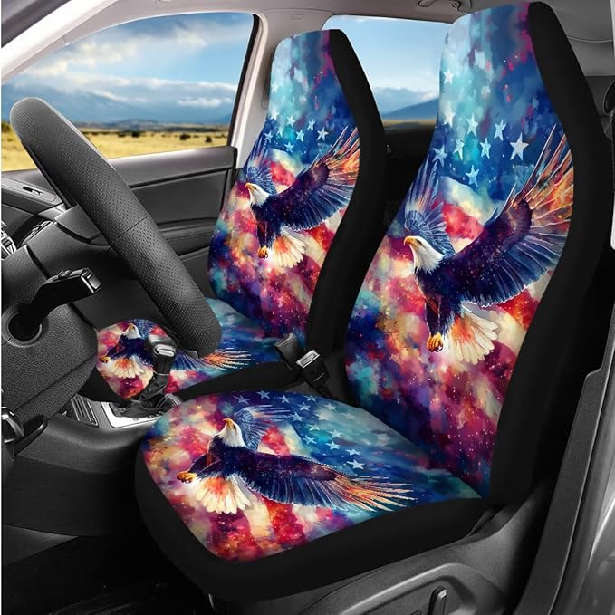 Bulopur American Flag Bald Eagle Auto Seat Covers with Matching Automotive Armrest Cover Center Console Cushion Car Seat Belt Shoulder Strap Covers Keychain Vehicle Interior Decor Set