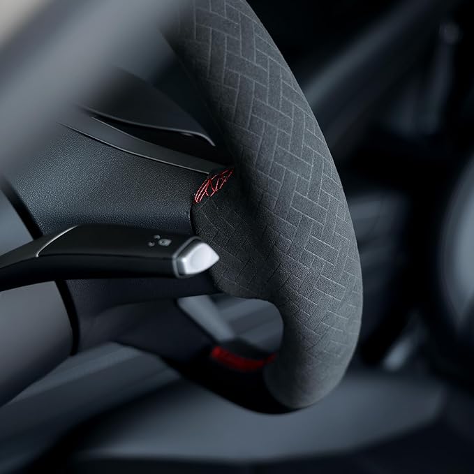 MEWANT Hand Stitch Steering Wheel Cover for Tesla Model Y 2023 Model 3 2023 Made of Black Faux Leather Embossed Athsuede