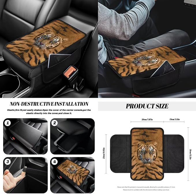 Tiger Print Car Seat Covers Front and Back Full Set with Steering Wheel Cover Armrest Cushion Safety Belt Pads Inside Rearview Mirror Cover Gear Shift Lever + Handbrake Protectors