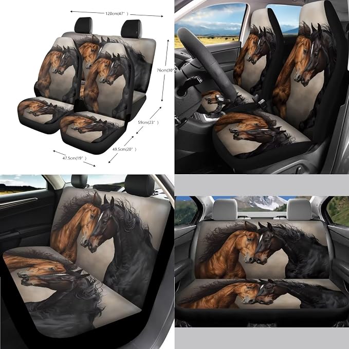 Poceacles Brown Black Horse Car Front Rear Seat Covers Full Set 13 PCS, with Steering Wheel Cover Seat Belt Covers Coasters Keychains Lip Balm Holder Tissue Case for Women Breathable Car Accessories